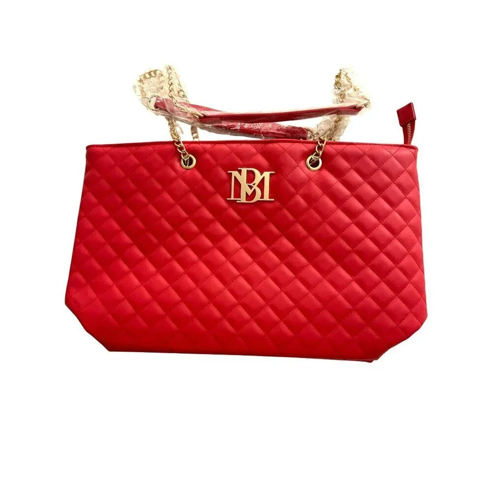 Badgley Mischka Vegan Leather Quilted Red Chain Strap Tote Bag With Gold Accents